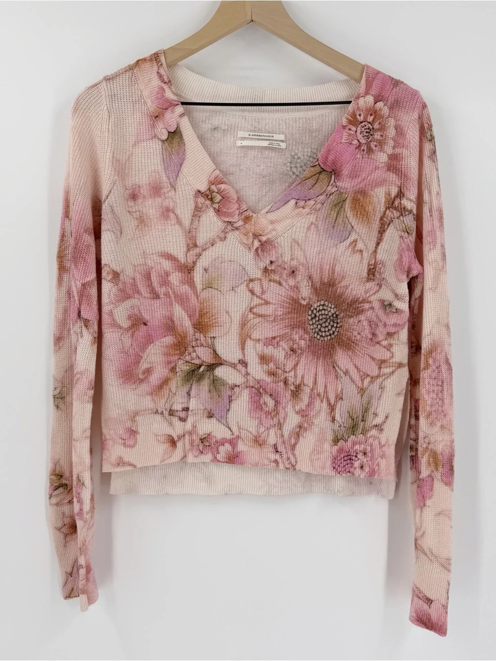 Anthropologie The Dreamer Printed V-Neck Floral Linen Blend Sweater S - Picture 1 of 6